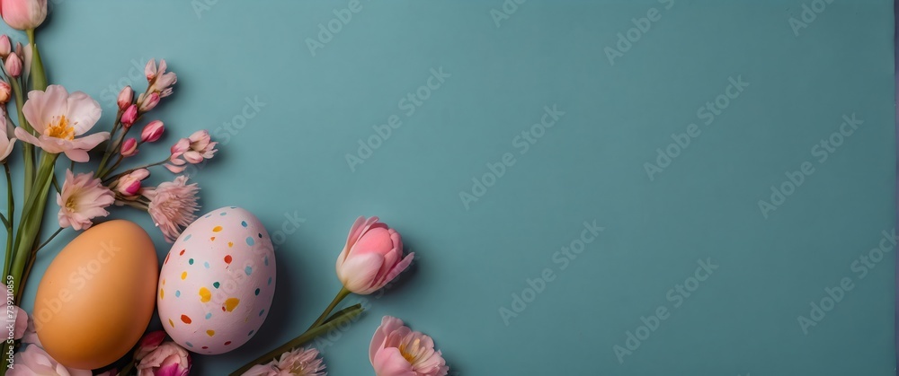 Easter eggs and flowers on blue background 