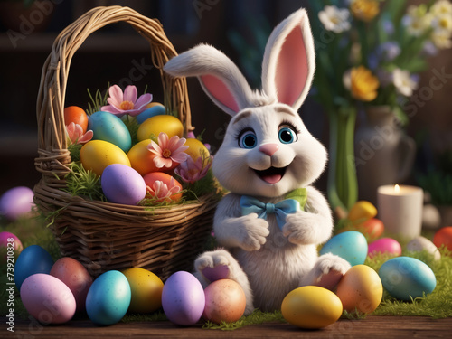 Illustration capturing the charm and whimsy of the Easter Bunny. Envision a scene where the Easter Bunny is busy preparing for the holiday  surrounded by colorful Easter eggs and springtime flowers.