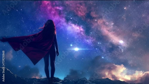 woman superhero stand with galaxy background video looping 4k  photo