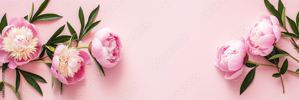 Elegant pink peonies with green leaves spread across a pastel pink background, ideal for Mother's Day design with ample copy space for text Elegant pink peonies with green leaves spread across a pastel pink background, ideal for Mother's Day design with ample copy space for text