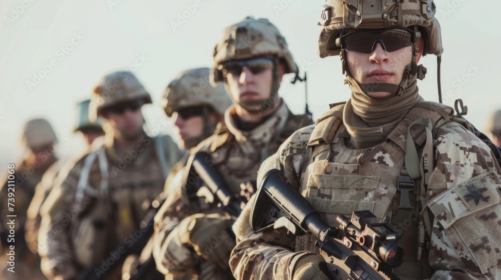 A fierce squad of soldiers, dressed in military camouflage and armed with guns, stands ready to defend their country as they bravely face the unknown