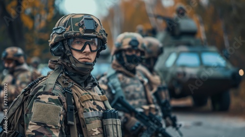 A squad of soldiers, dressed in camouflage uniforms and armed with rifles and machine guns, stand ready for battle in the great outdoors, their faces stern and determined, a symbol of strength and co