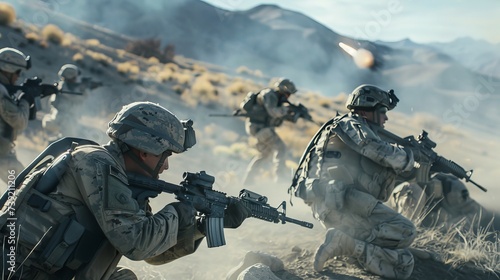 A determined squad of soldiers, camouflaged and armed with rifles and machine guns, take aim against the backdrop of a rugged mountain landscape, ready to defend their country and engage in combat photo