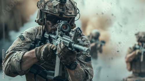 A stealthy soldier geared for battle, armed with a deadly machine gun and protected by a ballistic vest and helmet, prepares for intense combat in a rugged outdoor setting