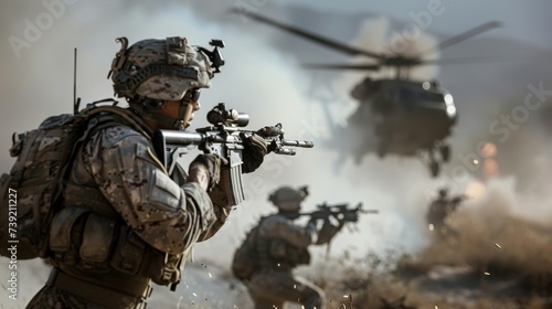 Amidst the chaos and violence of war, a squad of soldiers clad in camouflage and armed with an array of deadly firearms, including assault rifles, sniper rifles, and machine guns, aim their weapons w