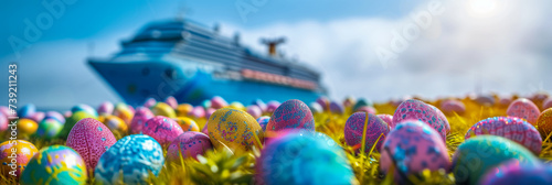 Vibrant Easter eggs nestled in grass with a blurred cruise ship background under a sunny sky, ideal for spring holiday promotions with ample empty space for text