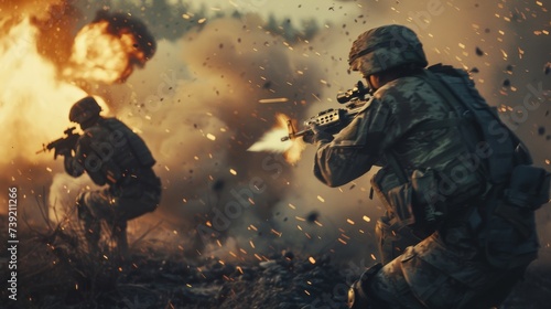 A soldier's weapon aims to unleash violence amidst the smoke-filled chaos of a raging fire, their clothing and firefighter helmet revealing their dual identity in this intense outdoor scene from an a