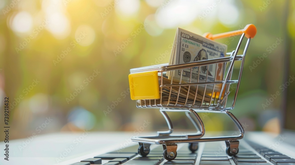 A vibrant yellow shopping cart overflowing with money, ready to transport the excitement of a successful shopping trip outdoors