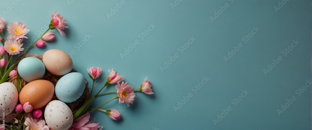 Easter eggs and flowers on blue background 