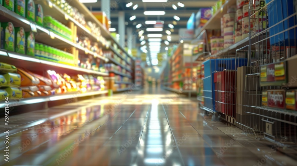 A bustling supermarket aisle filled with neatly stocked shelves and a cart, beckoning shoppers with the promise of convenience and endless retail possibilities