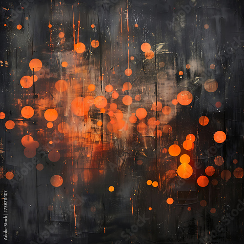 Dynamic black, orange, and grey bokeh lights dance across the frame, adding a sense of motion to the textured backdrop