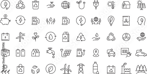 エネルギーと環境に関する線画アイコンセット