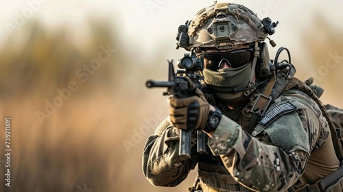 A determined soldier stands ready for battle, clad in a ballistic vest and helmet, gripping his rifle tightly as he surveys the outdoor terrain with a fierce determination to protect his fellow infan photo