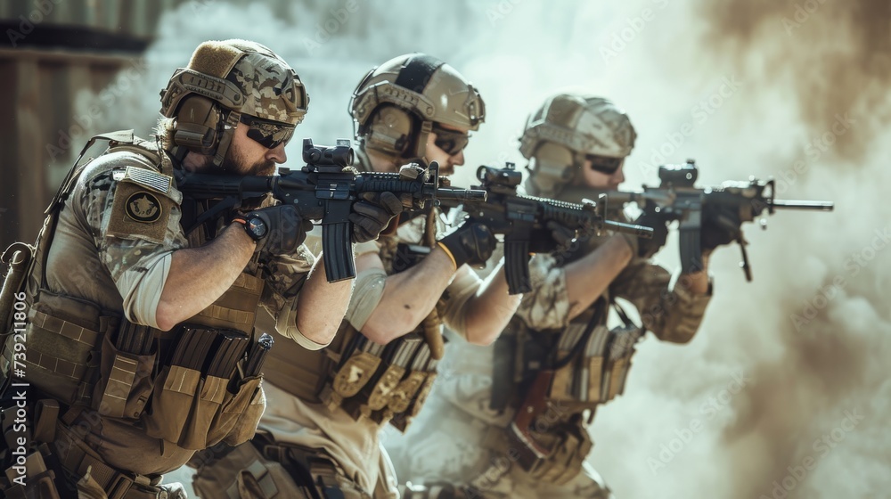 Fototapeta premium A group of armed soldiers clad in military uniforms and gear aim their lethal weapons towards the sky, ready for action in the midst of combat