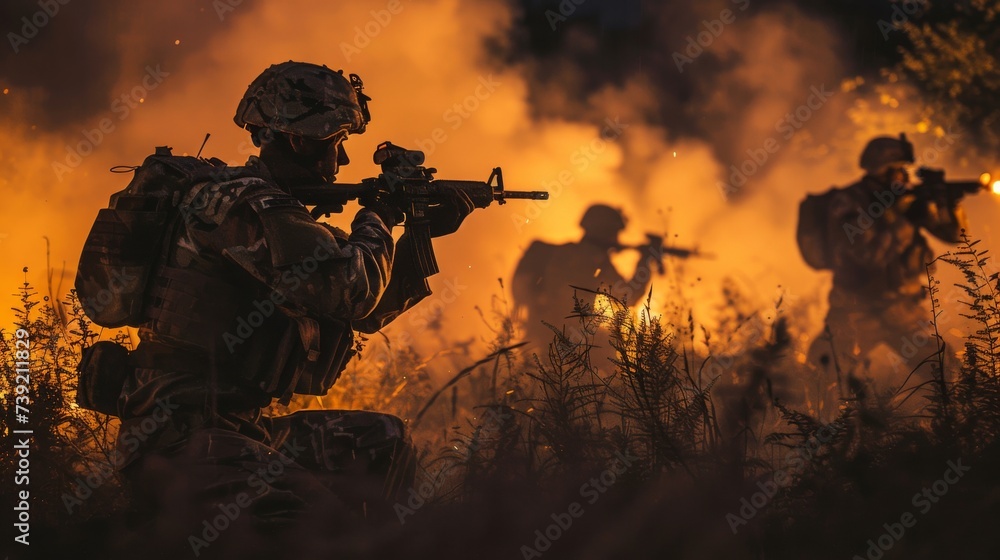 A deadly scene unfolds as soldiers clad in camouflage wield their ranged weapons in the open field, their gun barrels glowing with fire as they engage in a violent display of military power and assau A deadly scene unfolds as soldiers clad in camouflage wield their ranged weapons in the open field, their gun barrels glowing with fire as they engage in a violent display of military power and assau