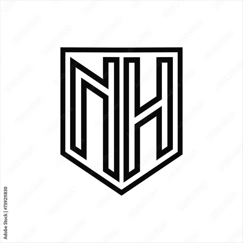 NH Letter Logo monogram shield geometric line inside shield isolated style design
