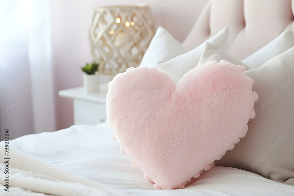 Pink heartshaped pillow on white bed in a romantic cozy bedroom. Concept Romantic Bedroom Decor, Cozy Interior Design, Heart-Shaped Pillow, Pink and White Aesthetics Pink heartshaped pillow on white bed in a romantic cozy bedroom. Concept Romantic Bedroom Decor, Cozy Interior Design, Heart-Shaped Pillow, Pink and White Aesthetics