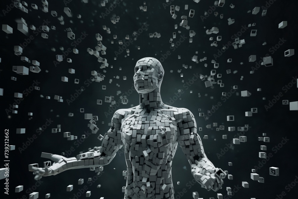 portrait of a robot with human body made of disintegrating squares and cubes, standing in front of a digital background with abstract particles in space, cybernetics, computer rendering portrait of a robot with human body made of disintegrating squares and cubes, standing in front of a digital background with abstract particles in space, cybernetics, computer rendering
