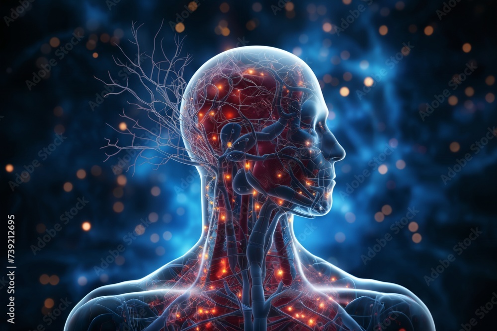 silhouette of a human body with the blood circulatory system and neural connections around head and brain, vegetative system, dark blue background, biotechnology concept