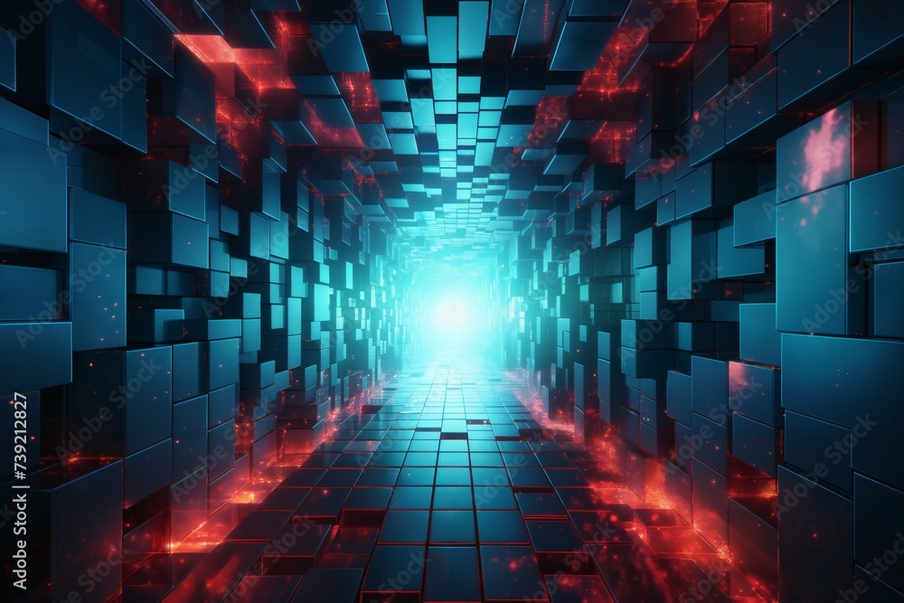 dark tunnel as background with many red and blue block shapes and cubes, abstract space, hi tech in the style of 3D rendering, digital art - obrazy, fototapety, plakaty 