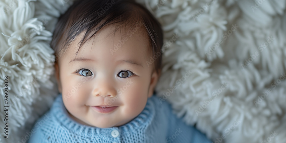 Cute little asian baby in cozy blanket. Banner with copy space. Shallow depth of field. Cute little asian baby in cozy blanket. Banner with copy space. Shallow depth of field.