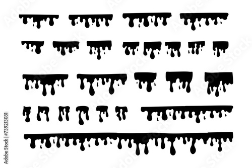 Ink blots and drips vector set isolated on white background Black dripping oil stain liquid drips
