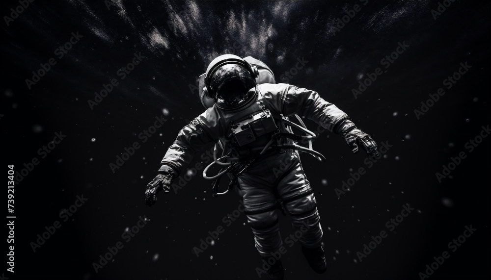un primer plano en blanco y negro puro, un astronauta flotando, solo en el espacio, estrellas en el fondo un primer plano en blanco y negro puro, un astronauta flotando, solo en el espacio, estrellas en el fondo