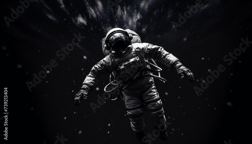 un primer plano en blanco y negro puro, un astronauta flotando, solo en el espacio, estrellas en el fondo