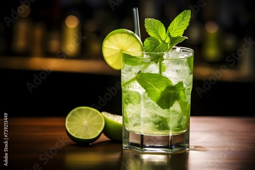 Refreshing mojito cocktail garnished with lime and mint served on rustic bar counter. Concept Cocktail Photography, Mojito Recipe, Fresh Ingredients, Garnish Ideas, Bar Setting