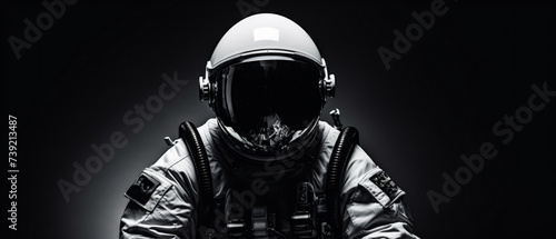 Imagen editorial en blanco y negro, traje de astronauta moderno, diseño limpio photo