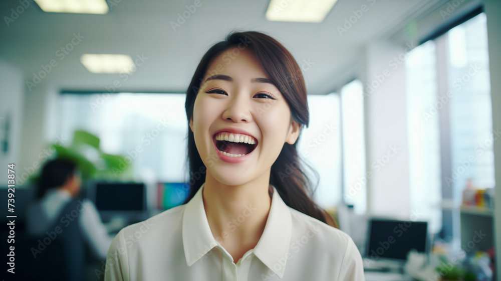 Portrait of young happy company employee asian woman at work Portrait of young happy company employee asian woman at work