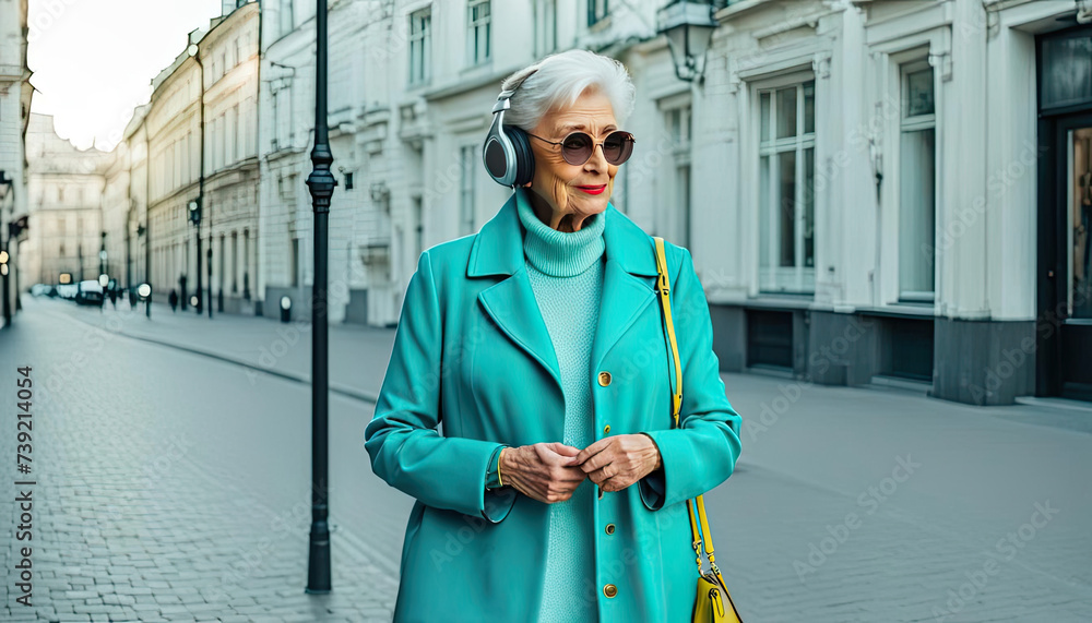 Obraz premium An older woman in casual stylish clothes listens to music on headphones. Active aging, walk around the city
