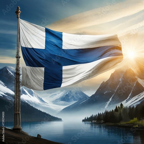 Finnish flag in the sky, independance day on december 6th, scandinavian photo