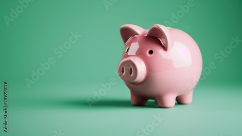 Pink piggy bank on a green background, savings concept