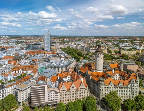 The drone aerial view of new town hall and old town of Leipzig, Germany.	