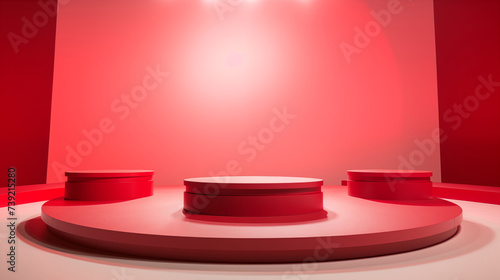 Empty red podium mockup or product display background, Realistic red cylinder pedestal podium set light and shadow, podium scene with platform, stand to show cosmetic products, Stage showcase platform
