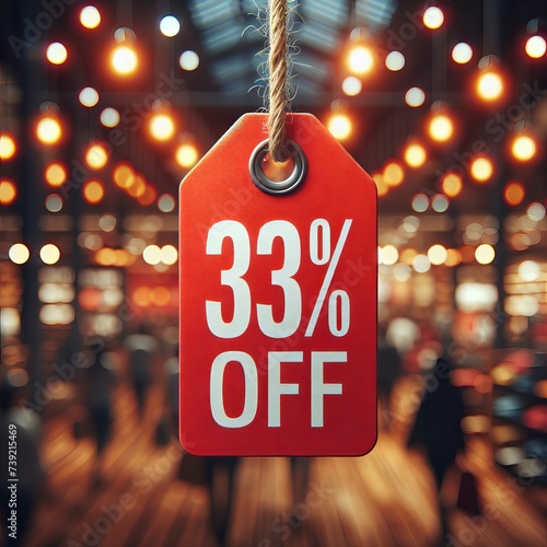 33% Off Sale Sign: Red Discount Tag in a Retail Store with Shoppers and Warm Ambient Lighting photo