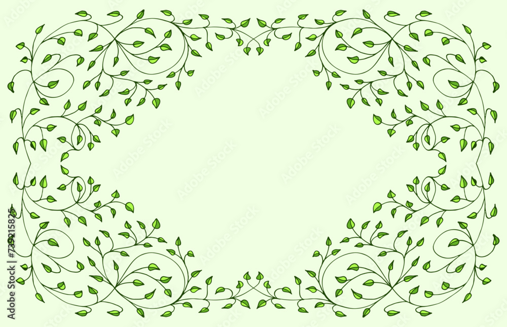 Spring green, light, cute background, frame of floral tree branch, leaf, plants. Elegant, aesthetic, stylish elements for Decoration. Hand drawing doodles of vintage botanical elements. Space for text Spring green, light, cute background, frame of floral tree branch, leaf, plants. Elegant, aesthetic, stylish elements for Decoration. Hand drawing doodles of vintage botanical elements. Space for text