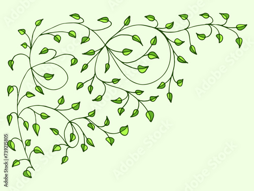 Spring green, light, cute background, frame of floral tree branch, leaf, plants. Elegant, aesthetic, stylish elements for Decoration. Hand drawing doodles of vintage botanical elements. Space for text