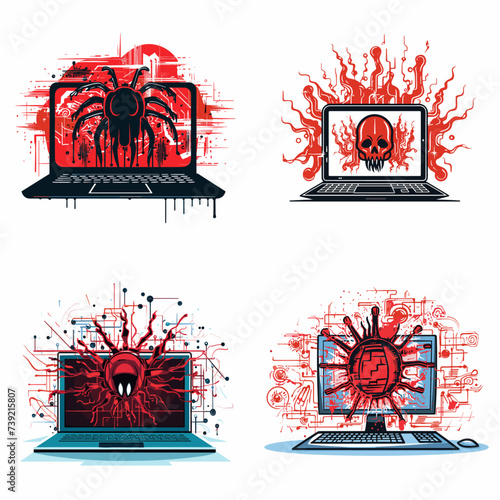 Malware Attack (Malicious Code Invading a Computer) simple minimalist isolated in white background vector illustration