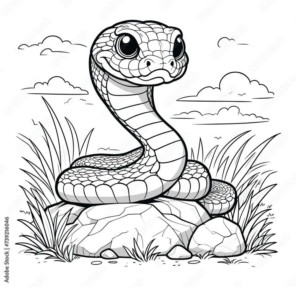 A straightforward depiction of a viper resting on a rock surrounded by grass A straightforward depiction of a viper resting on a rock surrounded by grass