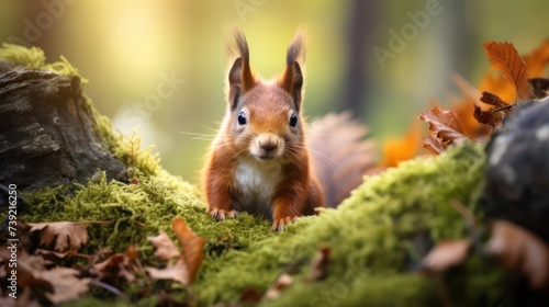 Wild squirrel in a forest of natural trees, standing on mossy tree roots. © Muamanah