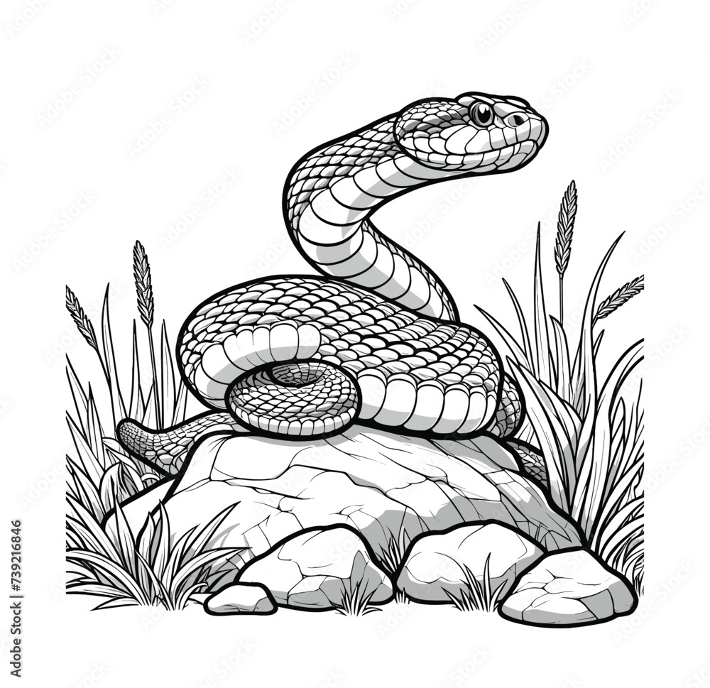A straightforward depiction of a viper resting on a rock surrounded by grass
