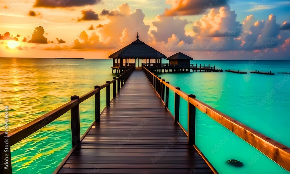 Maldives Sunset Serenity. Beautiful sky and clouds. water villas resort. Summer Travel Background. beach wooden jetty. 
