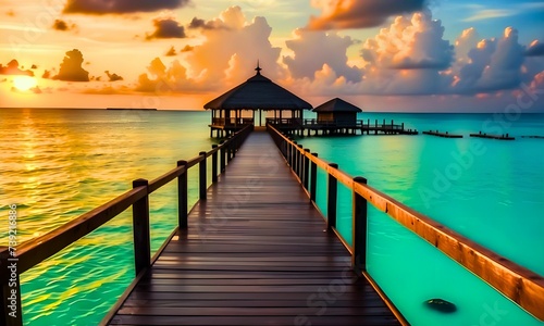 Maldives Sunset Serenity. Beautiful sky and clouds. water villas resort. Summer Travel Background. beach wooden jetty. 