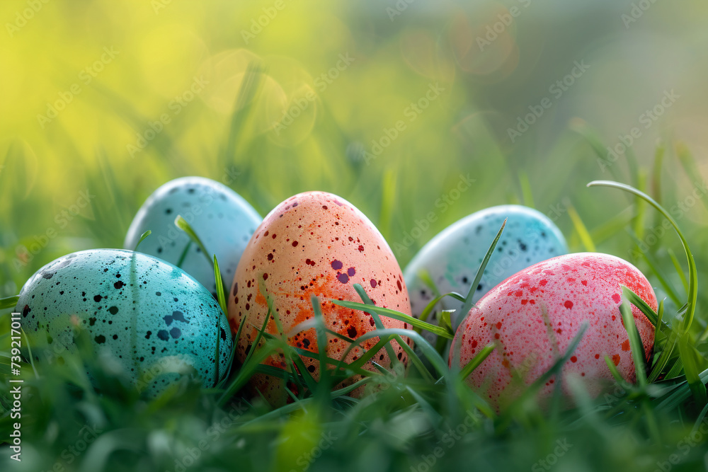 Colorful decorated Easter eggs hiding in the grass on meadow. Easter landscape. Spring background with copy space for greeting card, banner, poster, wallpaper