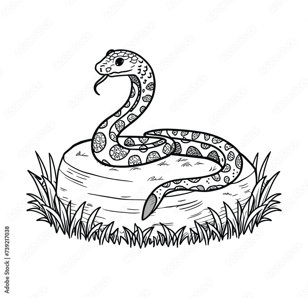 A straightforward depiction of a viper resting on a rock surrounded by grass