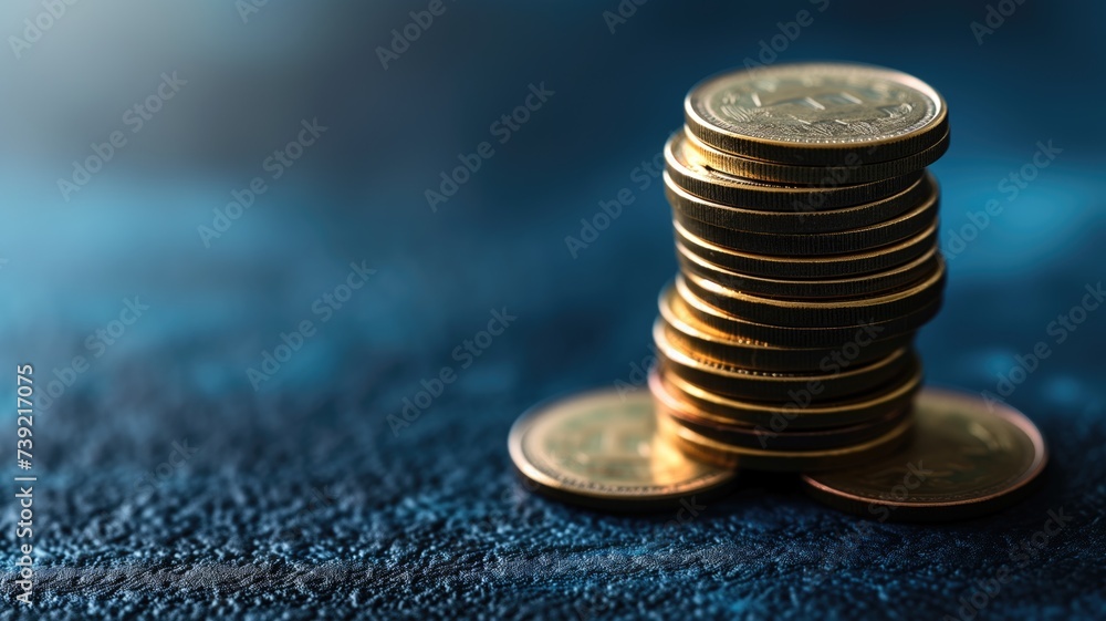 Stack of golden coins on a blue fabric background
