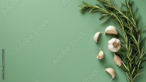 Garlic cloves and rosemary on a green background photo