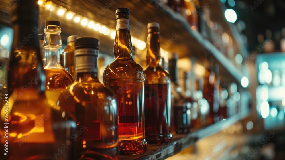 A shelf of various liquor bottles in warm ambient lighting A shelf of various liquor bottles in warm ambient lighting